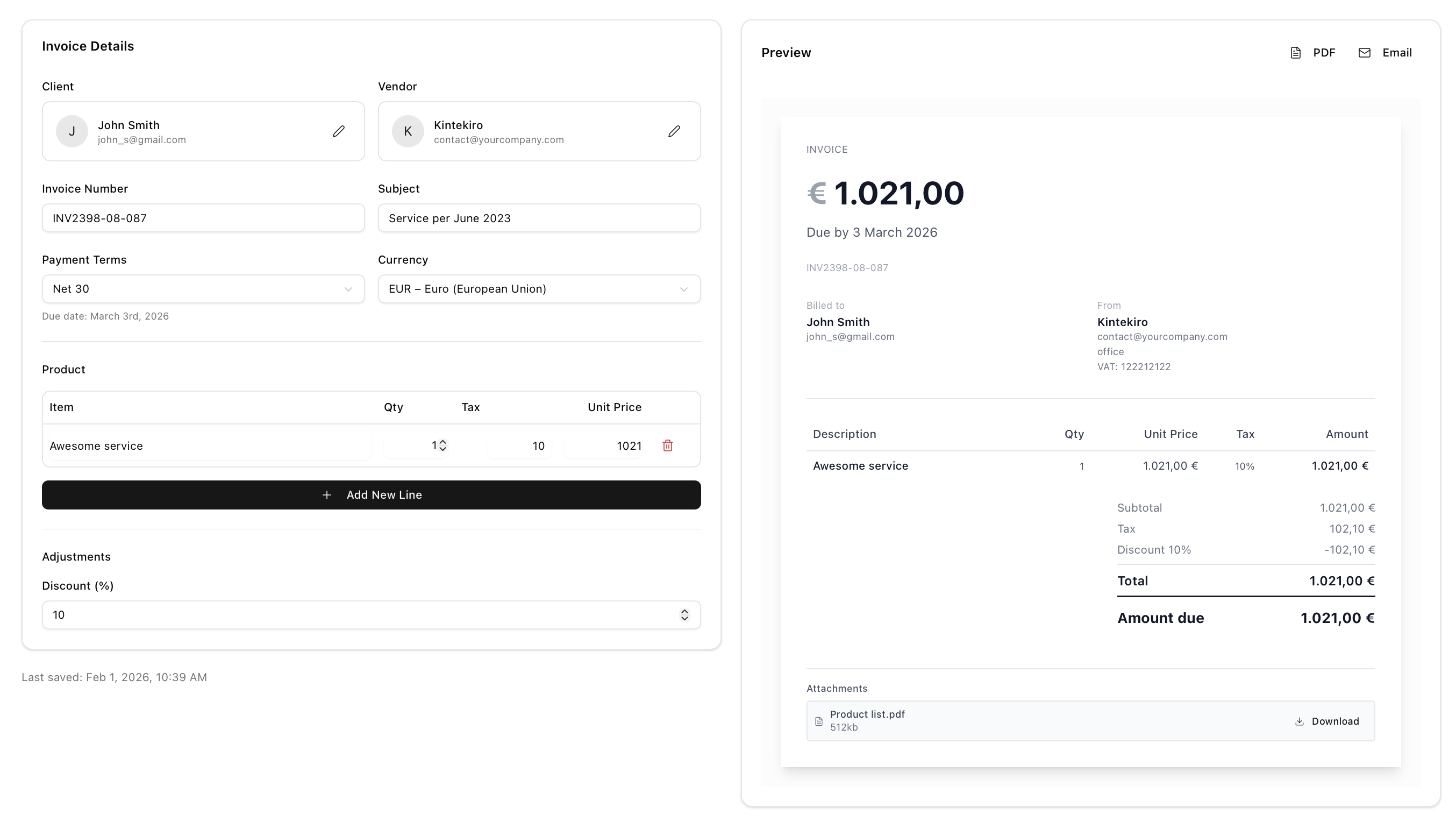 EvolvoBill invoice editor — create and customize your invoice